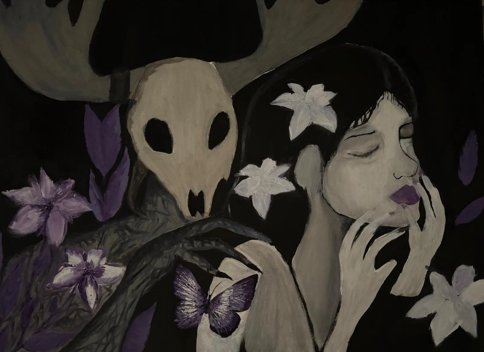 Oil painting in blacks and violets: a woman with closed eyes and flowers in her hair beside a creature with a deer skull, a violet butterfly resting between them