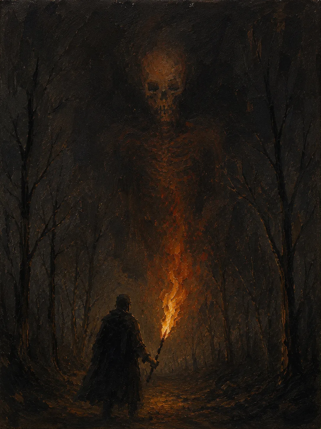 Dark oil painting of a man holding a torch in a night forest, facing a giant skeletal spectre rising out of the flames