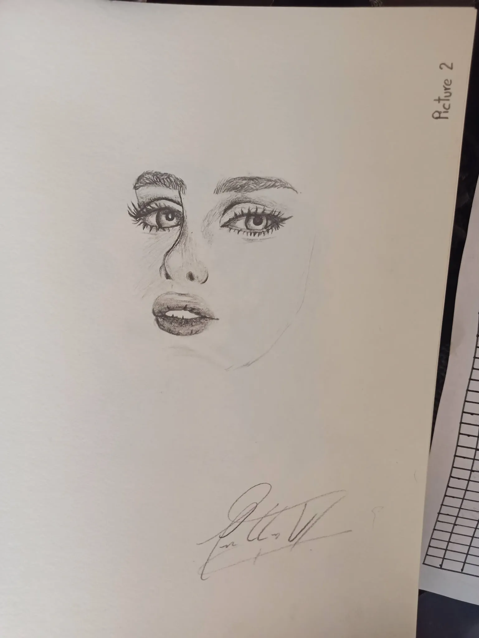 Graphite pencil study of a woman’s face, eyes and lips rendered in detail, the outline left unfinished