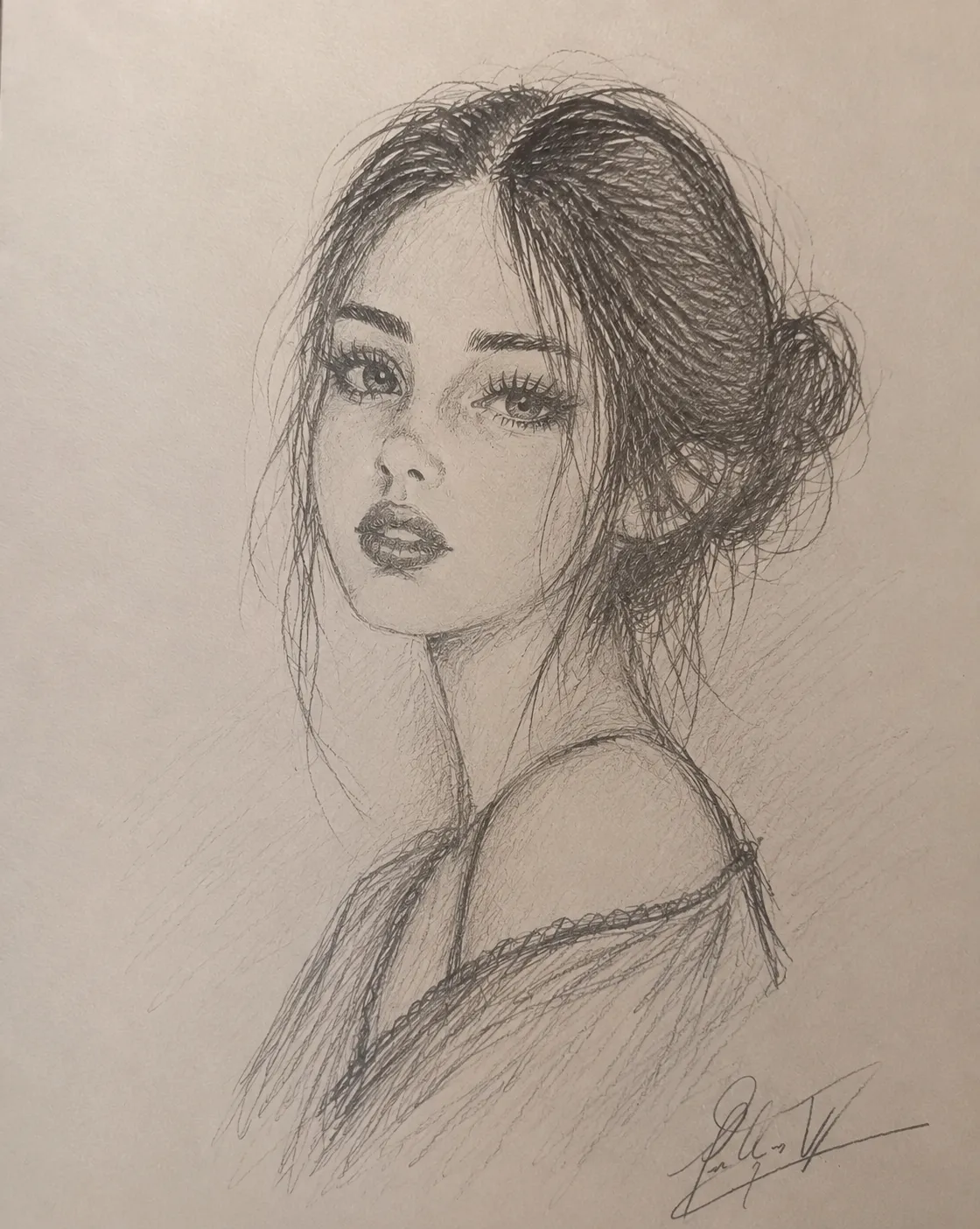 Graphite pencil portrait of a young woman with her hair gathered up, glancing over her bare shoulder