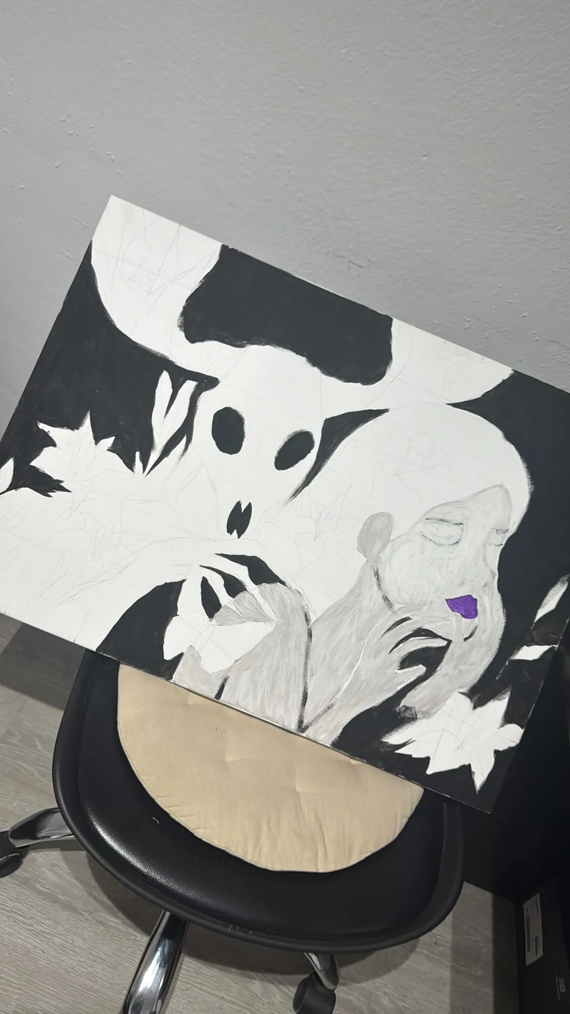 Black and white acrylic painting of a ghostly horned figure beside a grey woman holding a violet flower